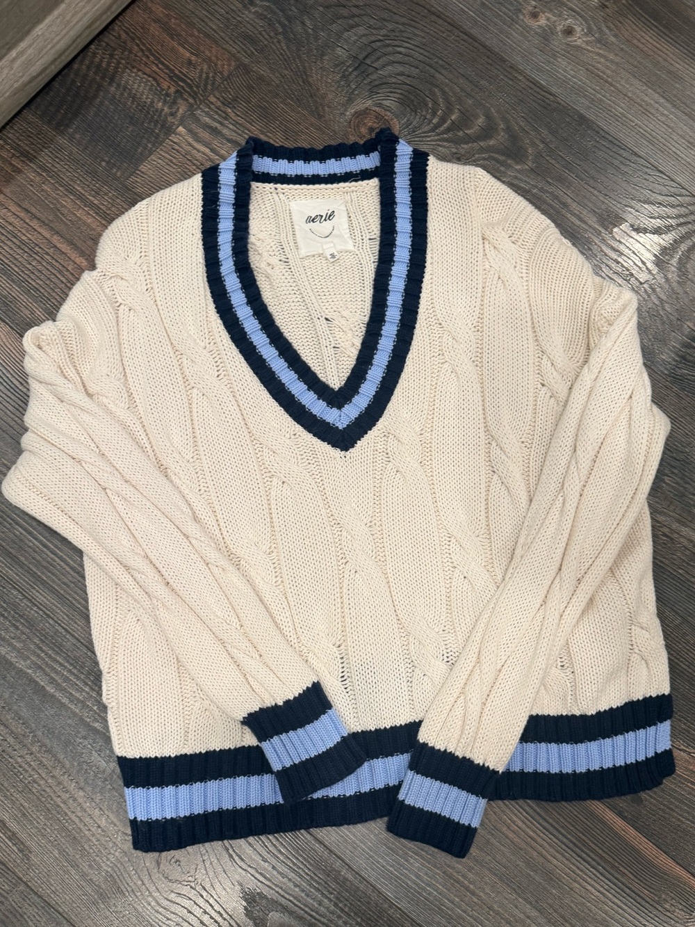 aerie Cream Cable Knit V-Neck Sweater with Navy and Light Blue Trim